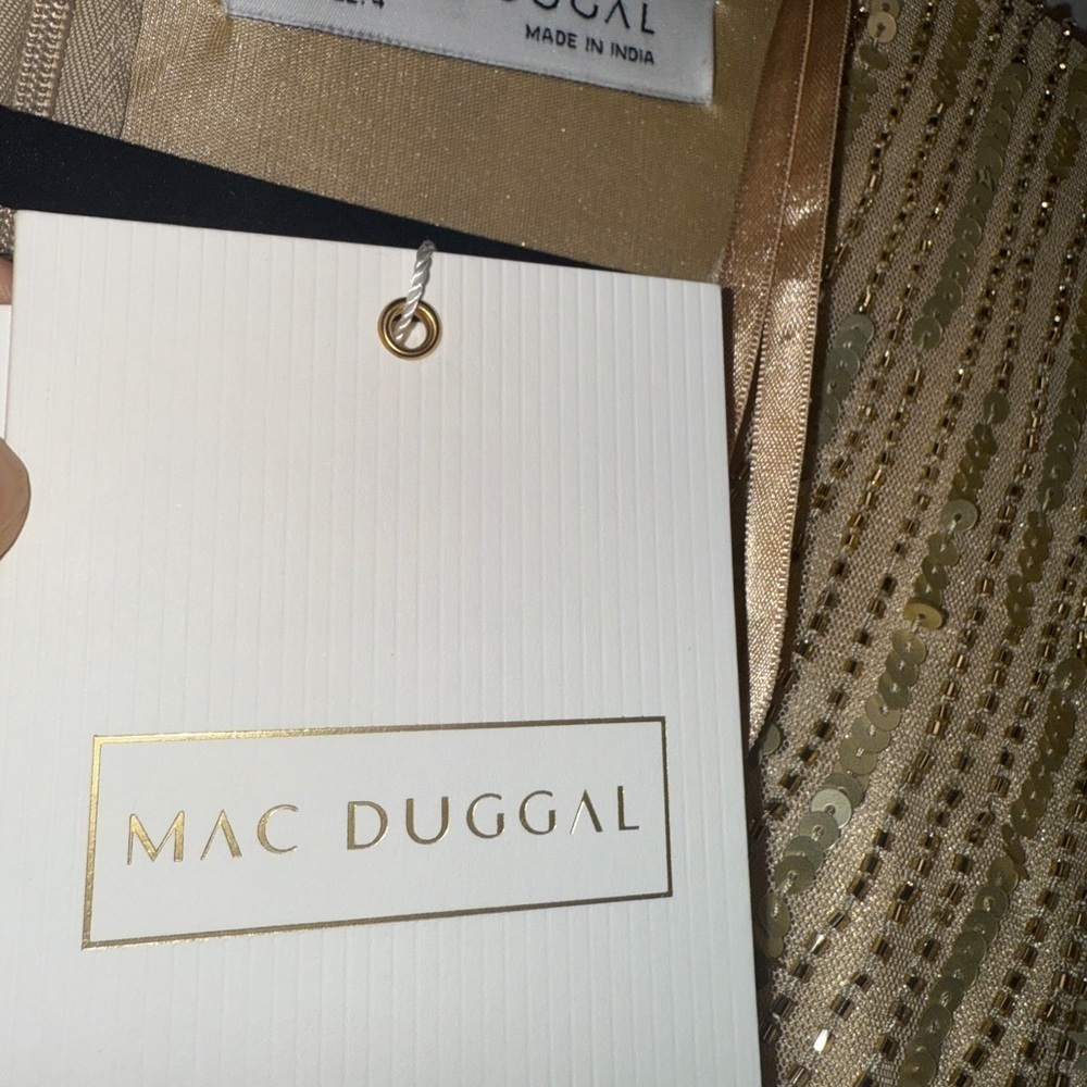 NWT | Mac Duggal 4977  Taupe Gold Sequined V Neck Sleeve A Line Gown Size 4 - Picture 7 of 14